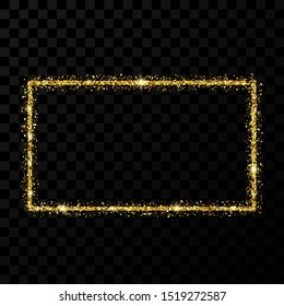 Gold glitter frame. Rectangle vertical frame with shiny stars and sparkles on dark transparent background. Vector illustration