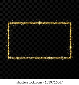 Gold glitter frame. Rectangle vertical frame with shiny stars and sparkles on dark transparent background. Vector illustration