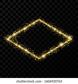 Gold glitter frame. Rhombus frame with shiny sparkles on dark transparent background. Vector illustration