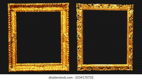 Conjunto de marco de brillo dorado. Borde de Vector adornado para retrato o pintura antigua. Obra de arte clásica y real Plantilla en el fondo transparente como un png.