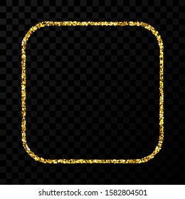Gold glitter frame. Square with rounded corners frame with shiny sparkles on dark transparent background. Vector illustration
