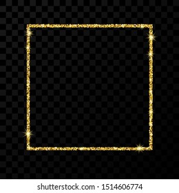 Gold glitter frame. Square frame with shiny stars and sparkles on dark transparent background. Vector illustration