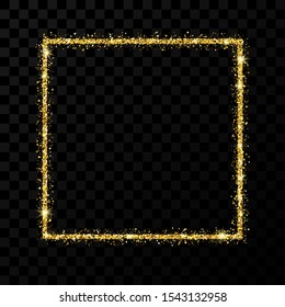 Gold glitter frame. Square frame with shiny stars and sparkles on dark transparent background. Vector illustration