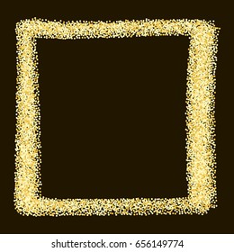 Gold glitter frame vector on dark background. Golden sparkles border, yellow confetti circles  grainy texture. Glamour tinsel square template with place for text on black