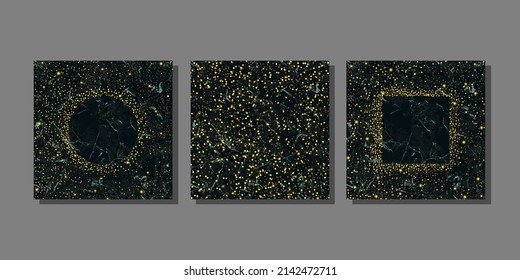 Gold glitter frames set on black marble
