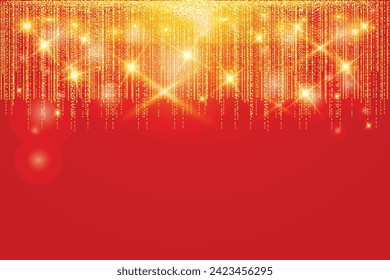 Gold glitter garland bokeh red background Golden lights hanging vertical lines Confetti dots rain falling lines party tinsels Wedding Decoration Birthday Party Christmas Decoration New Year's Fringe