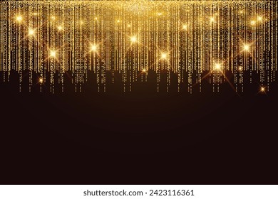 Gold glitter garland dark black background Golden lights hanging vertical lines Confetti dots rain falling party tinsels shimmer Wedding Decoration Birthday Party Christmas Decoration New Year Fringe