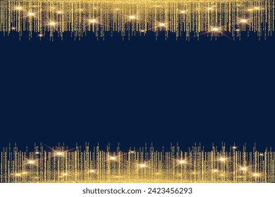 Gold glitter garland dark blue background Golden lights hanging vertical lines Confetti dots rain falling party tinsels shimmer Wedding Decoration Birthday Party Christmas Decoration New Year Fringe