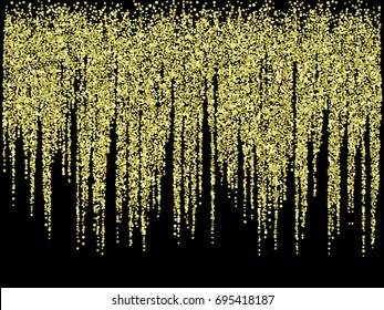 Gold glitter garlands hanging background vector illustration. Golden dust elements falling down, flying circle confetti vertical lines. Premium sparkle dots, round tinsels garlands christmas design.