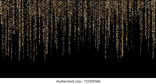 Gold glitter garlands hanging background vector illustration. Golden dust elements falling down, flying suqare confetti vertical lines. Premium sparkle dots, tinsels celebration graphic design.