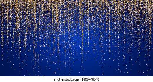 Gold glitter garlands hanging vertical lines. Falling confetti lights isolated on black background. Luxury glowing texture. Dust, bokeh, sparkles, stars. Vector holiday background. 