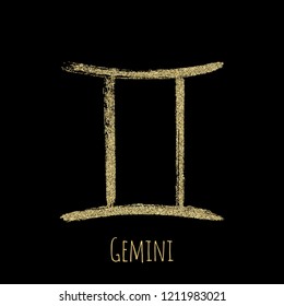 Gold glitter Gemini horoscope icon, hand painted zodiac vector sign. Astrological icon isolated. Gemini astrology horoscope symbol gold clip art.