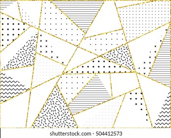 Gold glitter geometric design pattern with triangles, polygons, dots, lines and zig zag on white background in Memphis style.