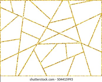 Gold glitter geometric design pattern with triangles, polygons and shapes on white background in Memphis style.