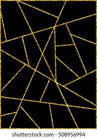 Gold glitter geometric design pattern with polygons and shapes on black background.