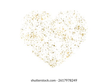 Gold glitter glow heart, shiny particles, golden splatter. Decorative element for a holiday card or wedding invitation