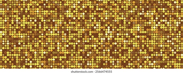 Gold glitter glowing mosaic background. Nightclub tiled wall texture. Disco ball at a party. Vector shining illustration made of yellow circles. Retro template for poster, wallpaper, postcard, cover.