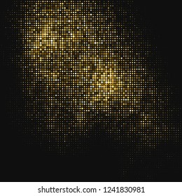 Gold Glitter Halftone Dotted Backdrop. Abstract Retro Pattern. Pop Art Style Background. Golden Explosion Of Confetti. Digitally Generated Image. Vector Illustration, Eps 10.  