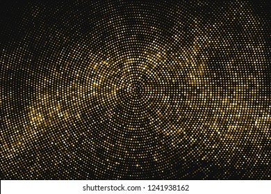 Gold Glitter Halftone Dotted Backdrop. Abstract Circular Retro Pattern. Pop Art Style Background. Golden Explosion Of Confetti. Digitally Generated Image. Vector Illustration, Eps 10.  