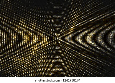 Gold Glitter Halftone Dotted Backdrop. Abstract Circular Retro Pattern. Pop Art Style Background. Golden Explosion Of Confetti. Digitally Generated Image. Vector Illustration, Eps 10.  