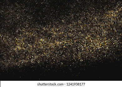 Gold Glitter Halftone Dotted Backdrop. Abstract Circular Retro Pattern. Pop Art Style Background. Golden Explosion Of Confetti. Digitally Generated Image. Vector Illustration, Eps 10.  