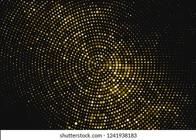 Gold Glitter Halftone Dotted Backdrop. Abstract Circular Retro Pattern. Pop Art Style Background. Golden Explosion Of Confetti. Digitally Generated Image. Vector Illustration, Eps 10.  