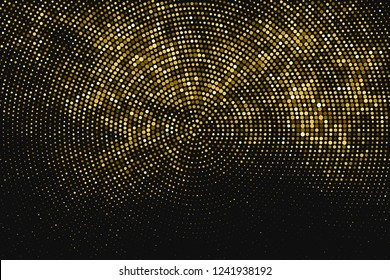 Gold Glitter Halftone Dotted Backdrop. Abstract Circular Retro Pattern. Pop Art Style Background. Golden Explosion Of Confetti. Digitally Generated Image. Vector Illustration, Eps 10.  