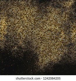 Gold Glitter Halftone Dotted Backdrop. Abstract Circular Retro Pattern. Pop Art Style Background. Golden Explosion Of Confetti. Digitally Generated Image. Vector Illustration, Eps 10.  