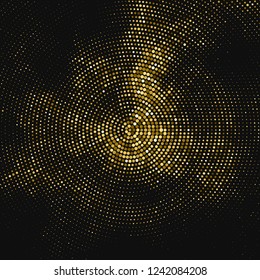 Gold Glitter Halftone Dotted Backdrop. Abstract Circular Retro Pattern. Pop Art Style Background. Golden Explosion Of Confetti. Digitally Generated Image. Vector Illustration, Eps 10.  