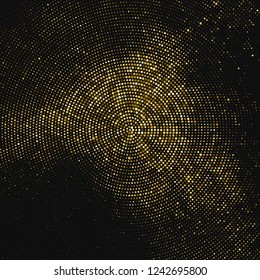 Gold Glitter Halftone gepunkteter Hintergrund. Abstraktes zirkuläres Retro-Muster. Pop Art Style Hintergrund. Goldene Explosion von Confetti. Digitales Bild. Vektorgrafik, EPS10.  