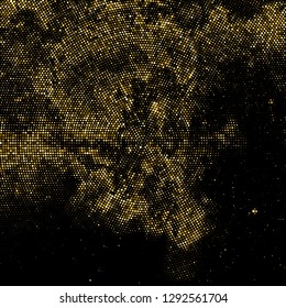 Gold Glitter Halftone Dotted Backdrop. Abstract Circular Retro Pattern. Pop Art Style Background. Golden Explosion Of Confetti. Digitally Generated Image. Vector Illustration, Eps 10.  