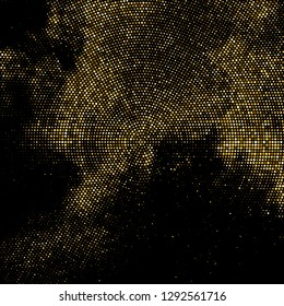 Gold Glitter Halftone Dotted Backdrop. Abstract Circular Retro Pattern. Pop Art Style Background. Golden Explosion Of Confetti. Digitally Generated Image. Vector Illustration, Eps 10.  