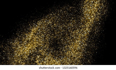 Gold Glitter Halftone Dotted Backdrop. Abstract Circular Retro Pattern. Pop Art Style Background. Golden Explosion Of Confetti. Digitally Generated Image. Vector Illustration, Eps 10.  