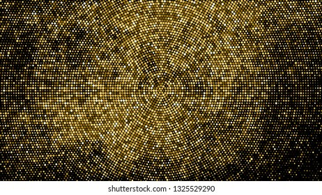 Gold Glitter Halftone Dotted Backdrop. Abstract Circular Retro Pattern. Pop Art Style Background. Golden Explosion Of Confetti. Digitally Generated Image. Vector Illustration, Eps 10.  