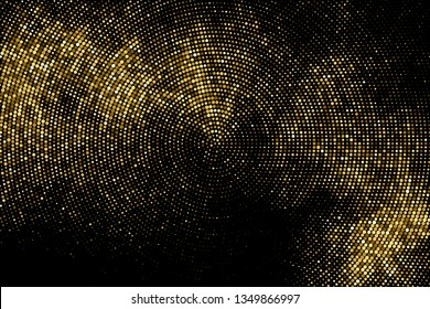 Gold Glitter Halftone Dotted Backdrop. Abstract Circular Retro Pattern. Pop Art Style Background. Golden Explosion Of Confetti. Digitally Generated Image. Vector Illustration, Eps 10.  