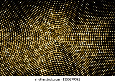 Gold Glitter Halftone Dotted Backdrop. Abstract Circular Retro Pattern. Pop Art Style Background. Golden Explosion Of Confetti. Digitally Generated Image. Vector Illustration, Eps 10.  