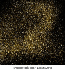 Gold Glitter Halftone Dotted Backdrop. Abstract Circular Retro Pattern. Pop Art Style Background. Golden Explosion Of Confetti. Digitally Generated Image. Vector Illustration, Eps 10.  