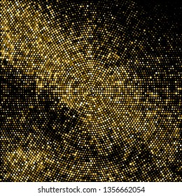 Gold Glitter Halftone Dotted Backdrop. Abstract Circular Retro Pattern. Pop Art Style Background. Golden Explosion Of Confetti. Digitally Generated Image. Vector Illustration, Eps 10.  