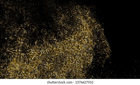 Gold Glitter Halftone Dotted Backdrop. Abstract Circular Retro Pattern. Pop Art Style Background. Golden Explosion Of Confetti. Digitally Generated Image. Vector Illustration, Eps 10.  