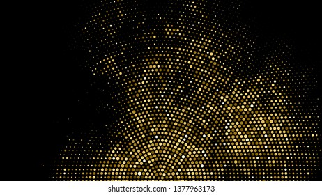 Gold Glitter Halftone Dotted Backdrop. Abstract Circular Retro Pattern. Pop Art Style Background. Golden Explosion Of Confetti. Digitally Generated Image. Vector Illustration, Eps 10.  