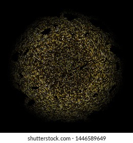 Gold Glitter Halftone Dotted Backdrop. Golden Explosion of Sparkle Particles. Glittering Shimmer Abstract Background.