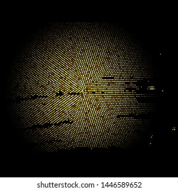 Gold Glitter Halftone Dotted Backdrop. Golden Explosion of Sparkle Particles. Glittering Shimmer Abstract Background.
