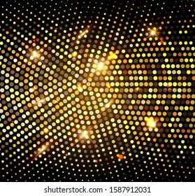 Gold Glitter Halftone Dotted Backdrop. Abstract Circular Retro Pattern. Pop Art Style Background. Golden Explosion Of Confetti. Digitally Generated Image. Vector Illustration