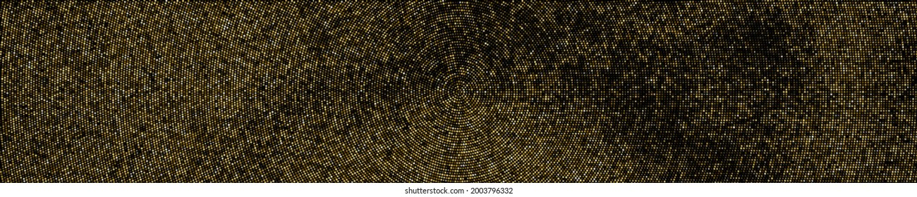 Gold Glitter Halftone Dotted Backdrop. Abstract Circular Retro Pattern. Pop Art Style Background. Golden Explosion Of Confetti. Wide Horizontal Long Banner For Site. Vector Illustration, Eps 10.  