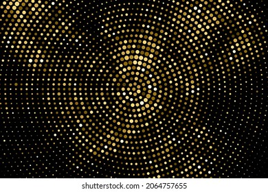 Gold Glitter Halftone gepunkteter Hintergrund. Abstraktes zirkuläres Retro-Muster. Pop Art Style Hintergrund. Goldene Explosion von Confetti. Digitales Bild. Vektorgrafik, EPS10.  