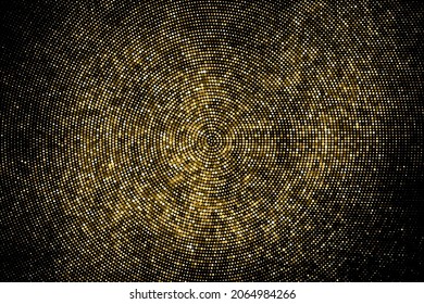 Gold Glitter Halftone Dotted Backdrop. Abstract Circular Retro Pattern. Pop Art Style Background. Golden Explosion Of Confetti. Digitally Generated Image. Vector Illustration, Eps 10.  