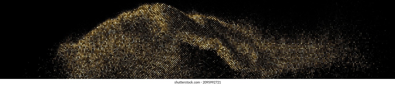 Fondo Dotado De Medio Tono De Glitter De Oro. Resumen del patrón retro circular. Fondo del estilo de arte pop. Explosión Dorada De Confetti. Pancarta Larga Horizontal Amplia Para El Sitio. Ilustración De Vectores, Eps 10.  