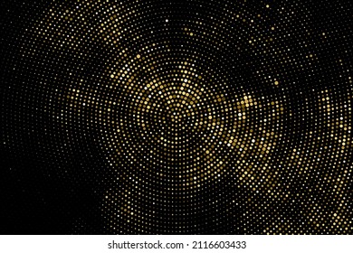 Gold Glitter Halftone gepunkteter Hintergrund. Abstraktes zirkuläres Retro-Muster. Pop Art Style Hintergrund. Goldene Explosion von Confetti. Digitales Bild. Vektorgrafik, EPS10.  