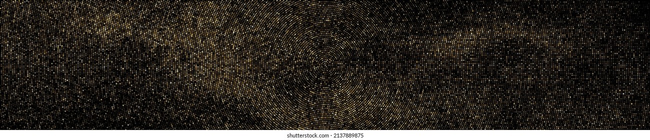 Gold Glitter Halftone Dotted Backdrop. Abstract Circular Retro Pattern. Pop Art Style Background. Golden Explosion Of Confetti. Wide Horizontal Long Banner For Site. Vector Illustration, Eps 10.  