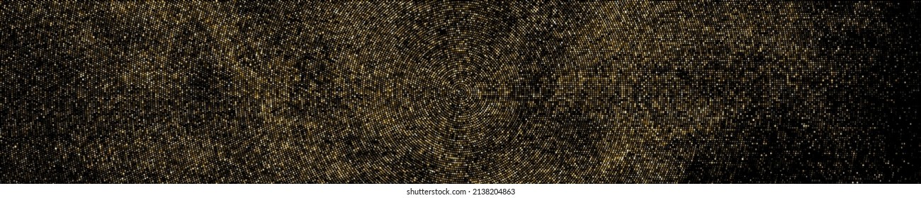 Gold Glitter Halftone Dotted Backdrop. Abstract Circular Retro Pattern. Pop Art Style Background. Golden Explosion Of Confetti. Wide Horizontal Long Banner For Site. Vector Illustration, Eps 10.  